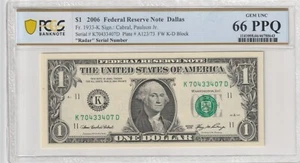 $1 2006 FRN Fr# 1933-K KD Block PCGS UNC 66 PPQ Dallas Radar Serial # - Picture 1 of 2