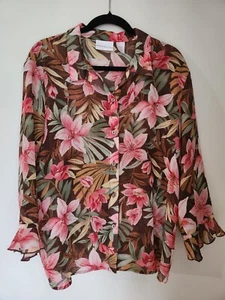 Alfred Dunner Hawaiihemd Bluse Größe 16 mehrfarbig Blumenmuster 3/4 Ärmel durchsichtig - Bild 1 von 6