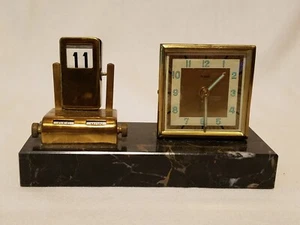 Vintage MCM Marble & Brass FLORN Wind-Up Alarm Clock w/ month, day & date - Picture 1 of 11
