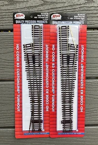 2 ATLAS 1/87 HO CODE 83 NICKEL SILVER MANUAL #6 1 LEFT, 1 RIGHT TURNOUT SWITCHES - Picture 1 of 4