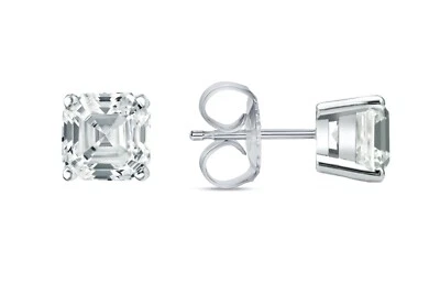 1 Ct Asscher Cut Created Diamond Real 14K White Gold Earrings Studs Push Back - Image 1 of 3