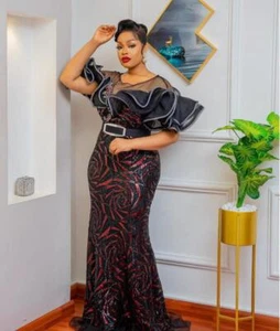 Women Slim Maxi Dashiki African Luxury Sequins Evening Dresses Nigerian Wedding - Picture 1 of 32