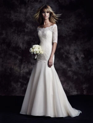 Paloma Blanca 4604 Wedding Dress 10-14 Ivory Lace & Organza Sleeves Romantic - Image 1 of 4