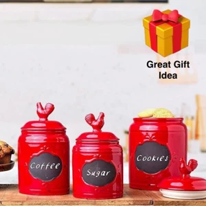 MosJos Red Rooster Ceramic Dry Goods Airtight Canister 3 pc Set w/Labeling Chalk - Picture 1 of 6