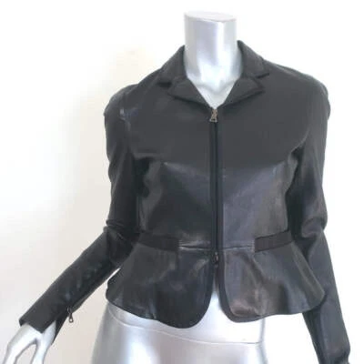 Prada Satin-Trimmed Leather Peplum Jacket Black Size 44 - Image 1 of 4