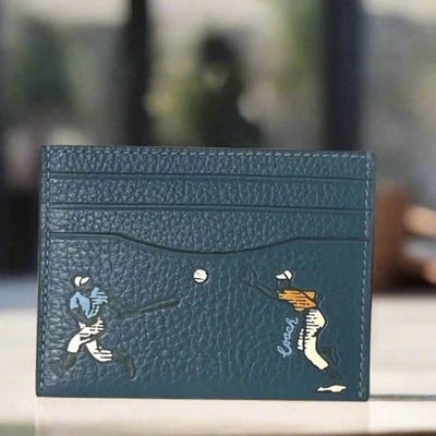 Coach Slim Id Card Case Baseball CAX56 Blue Pebbled Leather Wallet Org Pkg - Image 1 of 4
