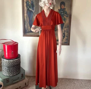Vintage 1970s Empire Waist Maxi Dress Saffron Flutter Cape Sleeves S/M - Picture 1 of 8
