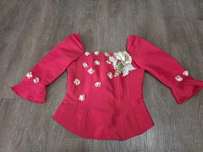 Boned Corset Top XXS Red Floral Bustier Costume Renaissance Festival Cosplay - Image 1 of 4