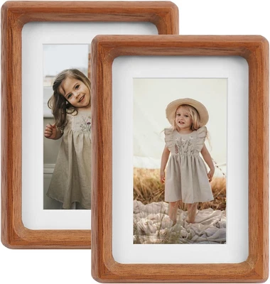 5X7 Picture Frame Set of 2 Natural Wood Photo Frames Display Pictures 4X6 with M - Image 1 of 4