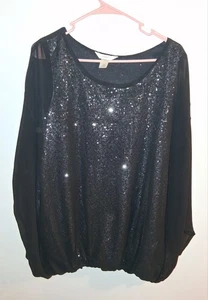 CJ Banks Black Short Sleeve Sequin Blouse Sz 1X - Picture 1 of 2