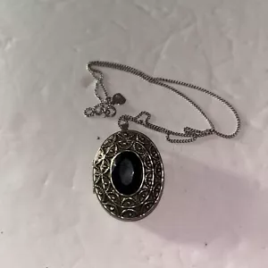 Vintage Avon perfume locket silver tone black crystal necklace pin 26" chain - Picture 1 of 3