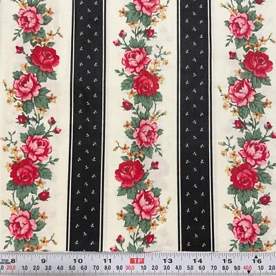 Vintage Cranston Striped Florals Black Off White Cotton Fabric Remnant 10" x 44" - Image 1 of 2