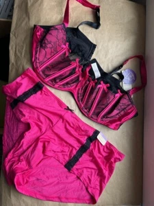 Lane Bryant Cacique 40D Balconette Black Hot Pink Bra XXL 18/20 Boy Short SET - Picture 1 of 7