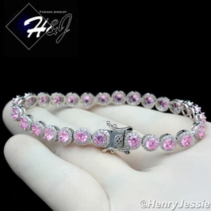 7"WOMEN 14K WHITE GOLD PLATED ICY PINK CZ 5MM 1 ROW LINK CHAIN BRACELET*BSB7 - Picture 1 of 4