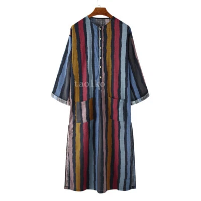 Mens Cotton Muslim Clothing Long Sleeve Islamic Saudi Arab Kaftan Robe Striped L - Image 1 of 4