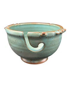 Yarn Bowl Needle Holder Studio Art Pottery Round Green Brown Speckle Stoneware - Picture 1 of 8