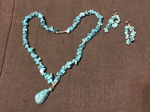 Vintage Shell Necklace 20” Pendant 1” Earrings 1.5” Set Turquoise - Picture 1 of 4