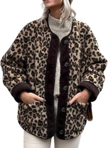 Women's Leopard Print Fleece Jacket Long Sleeve Button Down Shacket Jackets Fall - Picture 1 of 24