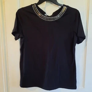 Simply Vera Vera Wang Black Jeweled Neck Short Sleeve Blouse Sz Large EUC - Picture 1 of 6