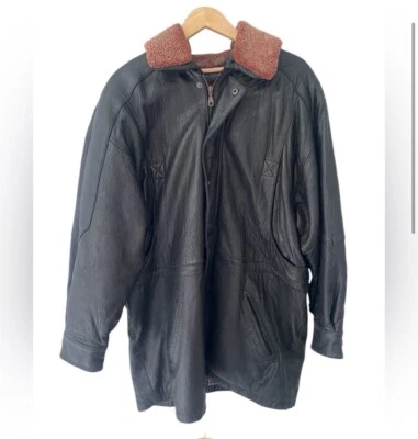 Chaqueta Bernini vintage de cuero negro de longitud media para hombre cuello marrón talla 52 XL Foto 1 de 4