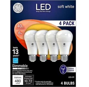 GE LED Light Bulbs, 40 Watt Eqv, Soft White, A19 General Purpose Bulbs (4 Pack) - Picture 1 of 5