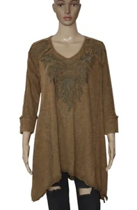 Caite & Kyla Cora Floral Embroidered Asymmetrical Army Green Tunic Top NWT XL - Picture 1 of 5