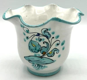 Italian Artisan Pottery Planter Rooster Hen Ruffled Edge White Turquoise Pot - Picture 1 of 18