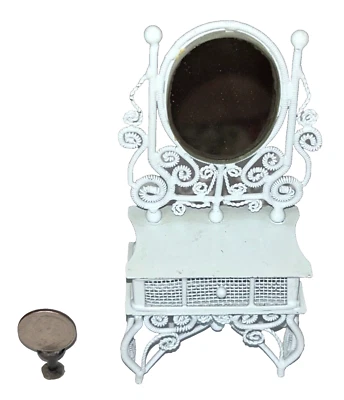 Vaidade de vime vintage metal para móveis de casa de bonecas branco 4 1/2" de altura - Imagem 1 de 4