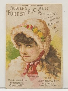 Austen's Forest Flower Cologne Perfume Trade Card Oswego, NY Pretty Girl Flowers - Picture 1 of 2