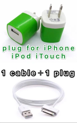 USB Charger Cable +Color Wall Plug Charger for For iPhone 4 4G 4S 3GS iPod Nano - Image 1 of 4