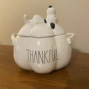 RAE DUNN Snoopy White Pumpkin Cookie Jar Canister Thankful Kitchen Decor Peanuts - Picture 1 of 7