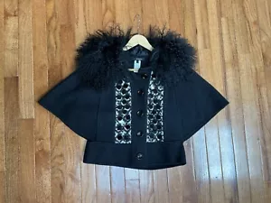 NANETTE LEPORE Sz S black wool sheep fur removable collar batwing sleeve jacket - Picture 1 of 4