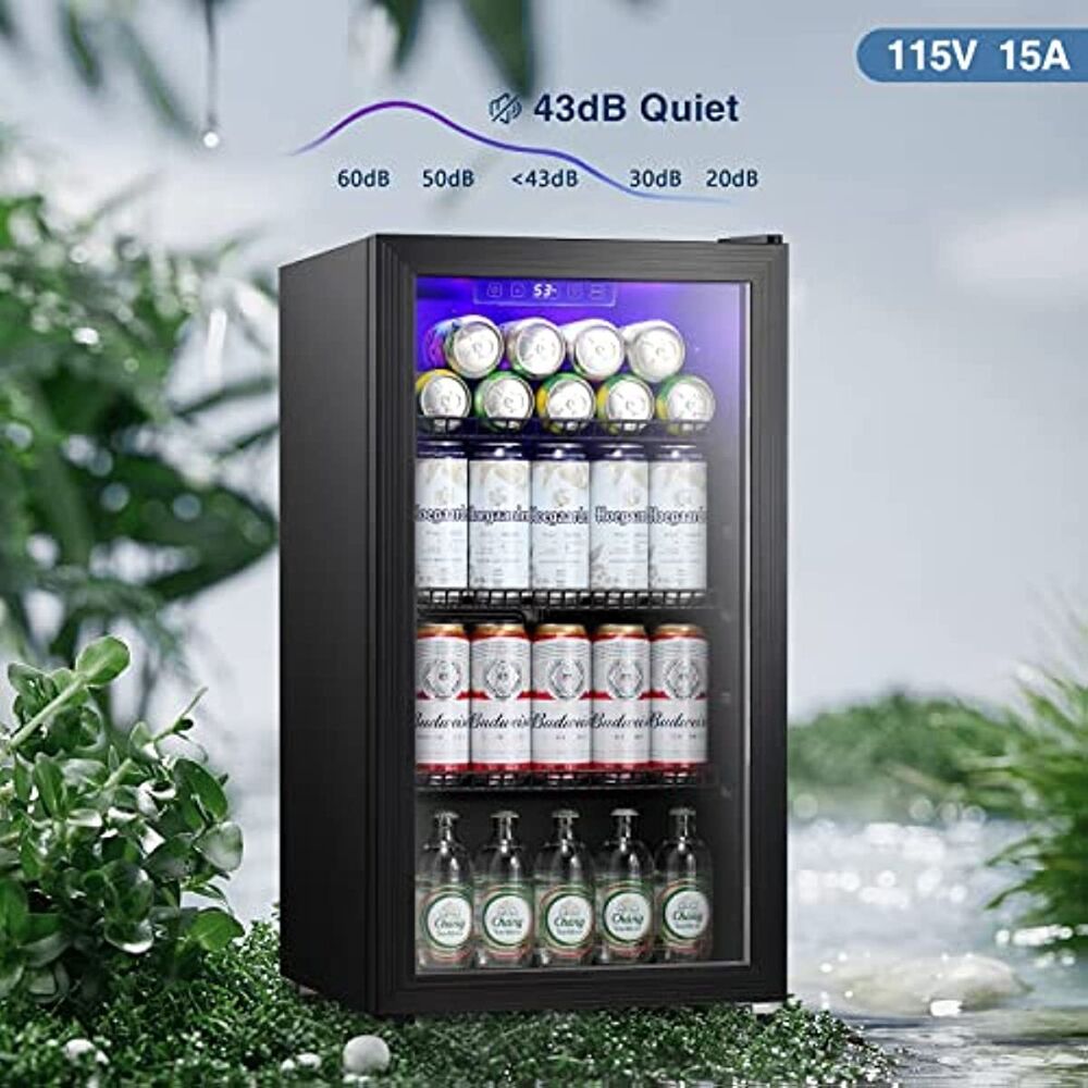 LED Lights Beverage Refrigerator Cooler, 105 Cans Mini fridge Double Glass Door