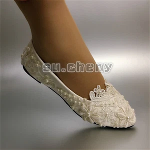 su.cheny Tacones Planos/4cm/8cm Blanco Encaje Perlas Flor Boda Novia Zapatos 5-13 - Imagen 1 de 7
