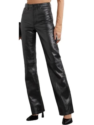 Pantalones de mezclilla de cuero ajustados negros para mujer - Pantalón de cuero estilo moderno de cuero de cuero genuino Foto 1 de 4