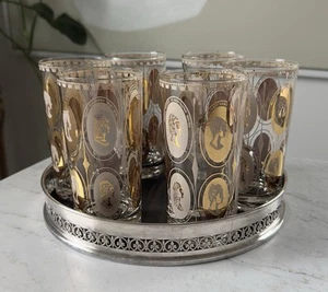 6 MCM HIGHBALL COCTAIL GLASSES GOLD COURTESAN FEMALE PORTRAITS & FORMICA TRAY. - Picture 1 of 21