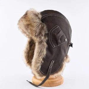 Cappello uomo aviatore pelle PU cacciatore fodera pelliccia sintetica patta orecchie berretto sci russo - Foto 1 di 9