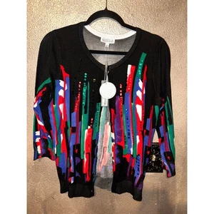 Joseph A Office Preppy Business Mob Wife Edgy Artsy Sequin Sweater Cardigan - Picture 1 of 7