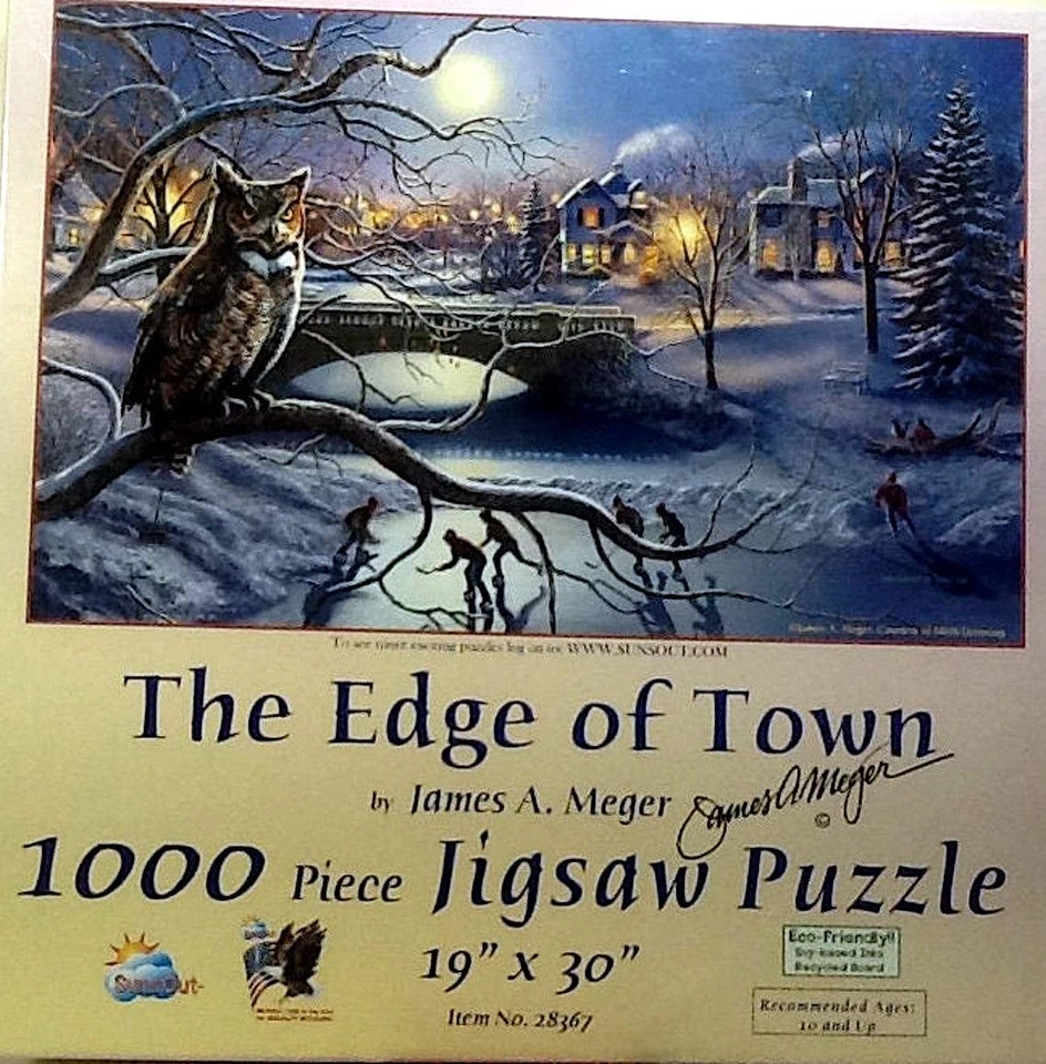 Edge Of Town Owl Ice Hockey Game On Frozen Creek James Meger 1000 19X30 Puzzle - Image 1 of 1