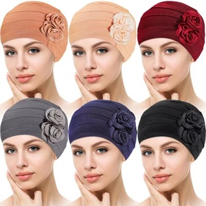 6 PCS Women Turban Flower Caps,Head Wrap Beanie Cap,Vintage Headwrap Hats,Ela... - Picture 1 of 7