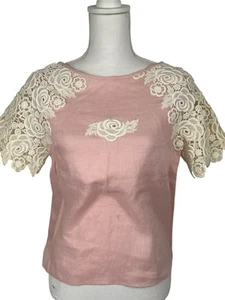 Top donna vintage taglia S colore rosa panna ricamato top boho lino - Foto 1 di 16