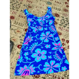 Vintage Island Casuals Women's Blue Floral Print Hawaiian Mini Dress Size 14 - Picture 1 of 7