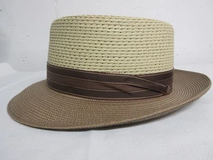 Vintage DOBBS Made USA Ivory & Brown Milan Weave Straw FEDORA Sz 59 or 7 3/8 - Picture 1 of 12