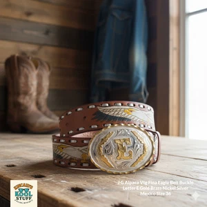 J G Alpaca Fina Vtg Eagle Belt Buckle Letter E Gold Brass Nickel Silver Mexico - Picture 1 of 10