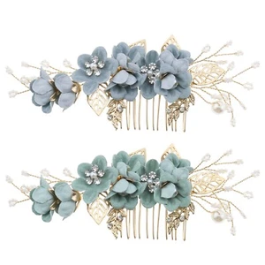 Wedding Bridal Hair Comb Flower Side Hair Clips Rhinestone Headpiece Green/Blue - Picture 1 of 9