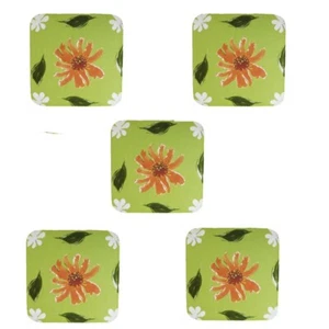 Juego de 5 posavasadas, con respaldo de corcho, flor central naranja verde 4"" cuadradas, 1/4"" de espesor - Imagen 1 de 4
