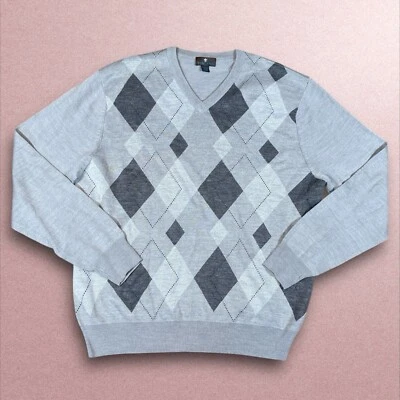 Toscano Men’s Size Large Gray Argyle V-Neck Sweater Merino Wool - Image 1 of 4