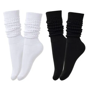 Slouch Scrunch Socks for Women Long High Tube Socks Women 2 Pairs - White/Black - Picture 1 of 6