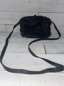 Narda Collection VTG 80’s Leather Fringe Texture Black Crossbody Bag Boho - Picture 1 of 11