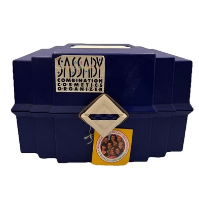 复古 NOS 1991 Sassaby 化妆旅行箱带镜子收纳盒深蓝色 90210 主题 — 第 1/4 张图片